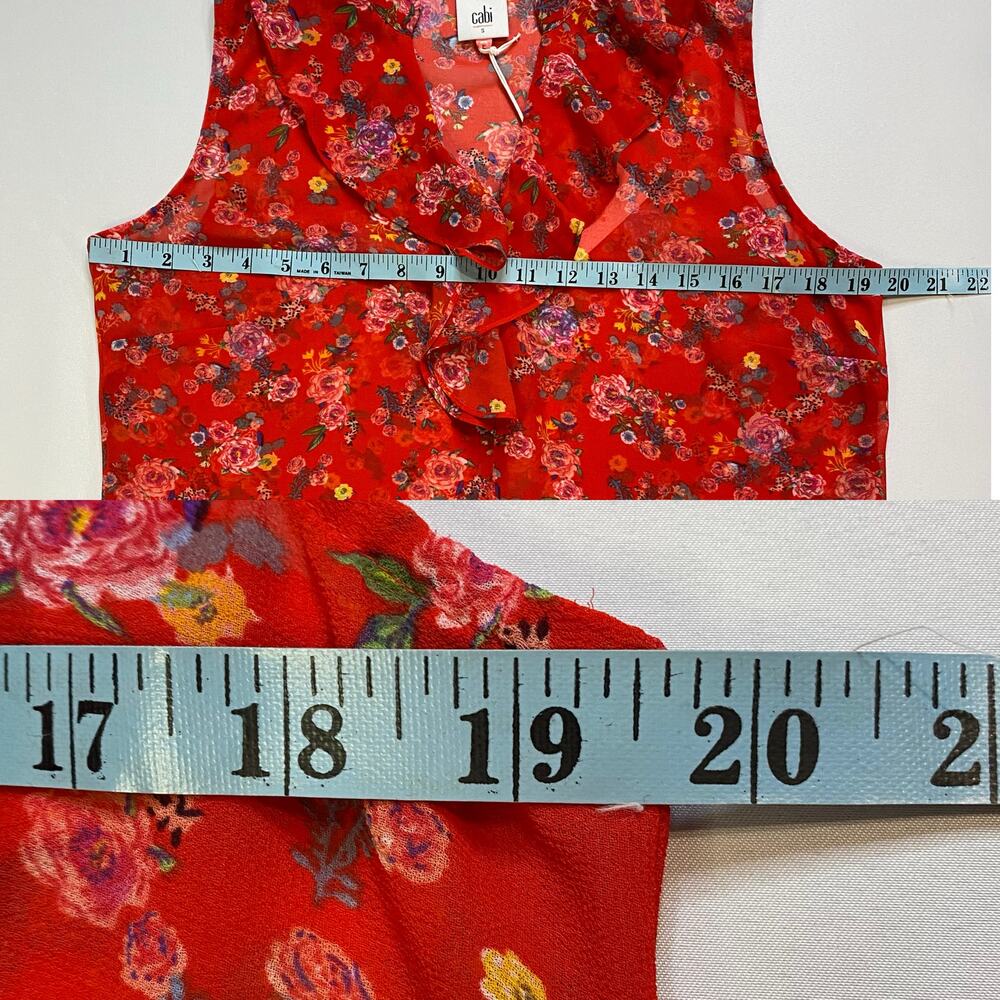 cAbi Crush Floral Ruffle Sleeveless Blouse Red Sheer Top Size S - Picture 12 of 17